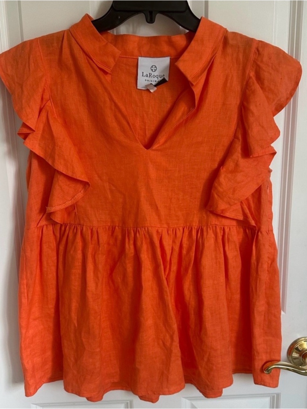 LaRoque Orange Ruffle-Sleeve V-Neck Blouse